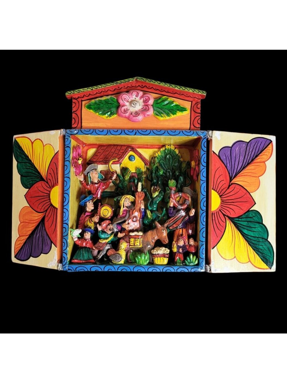 Handcarved Wood Folk Art Retablo Depicting Musicians - Peru - 6x8x3 in